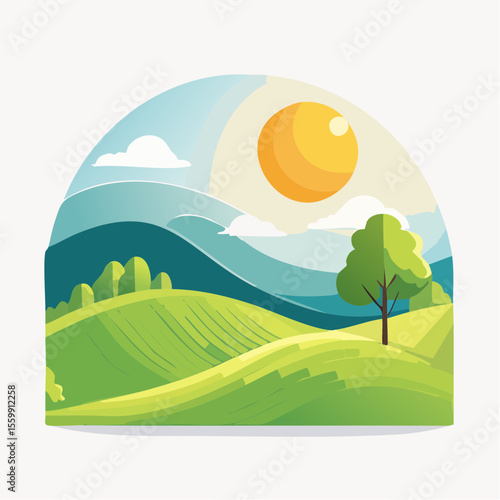 quiet landscape with hills, sun, and a lone tree, soft gradients