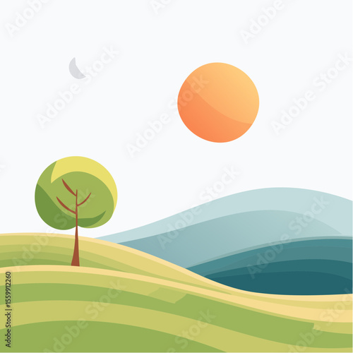 quiet landscape with hills, sun, and a lone tree, soft gradients