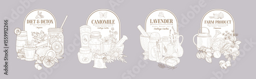 Vintage Organic Herbal Medicine and Natural Product Sticker Vector Set