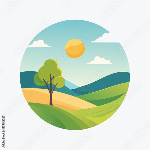 quiet landscape with hills, sun, and a lone tree, soft gradients