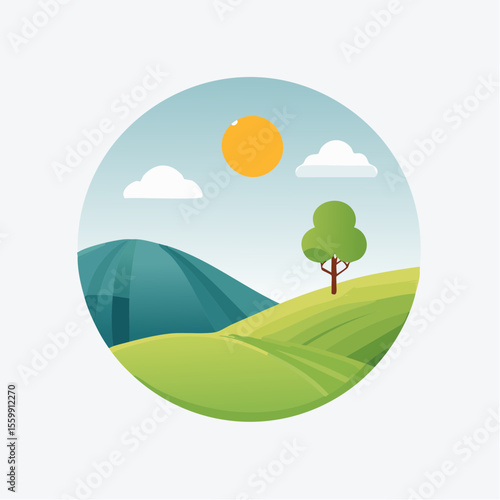 quiet landscape with hills, sun, and a lone tree, soft gradients