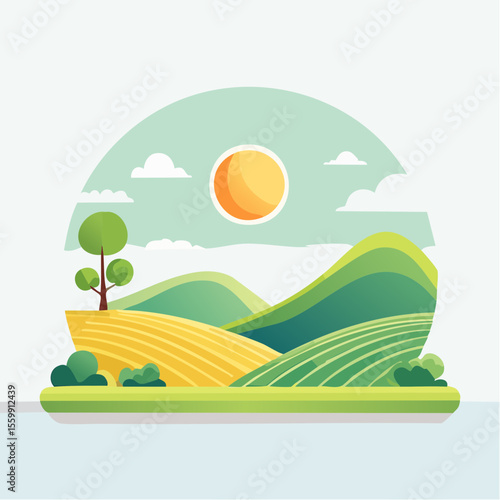 quiet landscape with hills, sun, and a lone tree, soft gradients