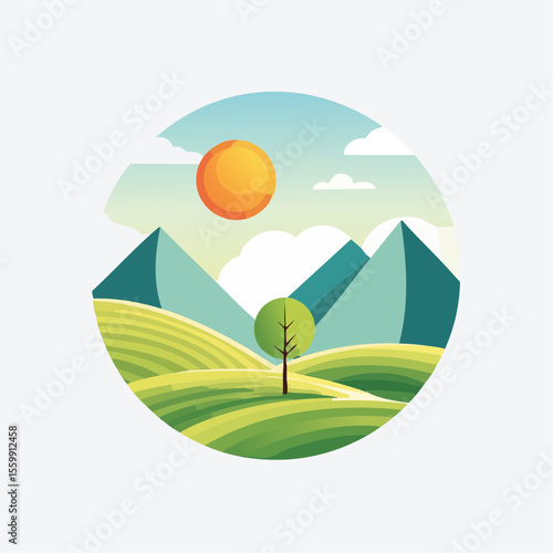 quiet landscape with hills, sun, and a lone tree, soft gradients