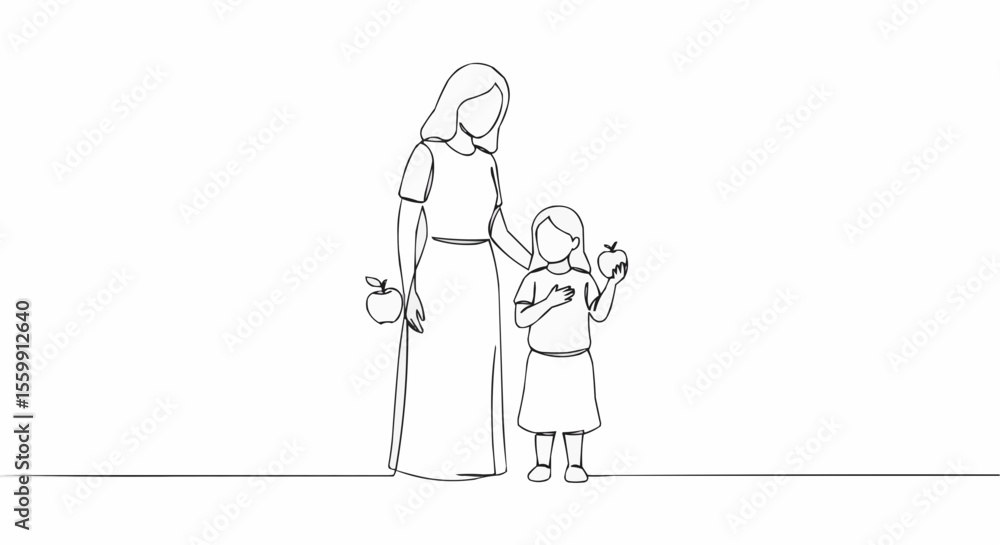 A mother and daughter hold an apple in a one-line drawing, symbolizing connection, care, and love. A mother and daughter hold an apple in a one-line drawing, symbolizing connection, care, and love.