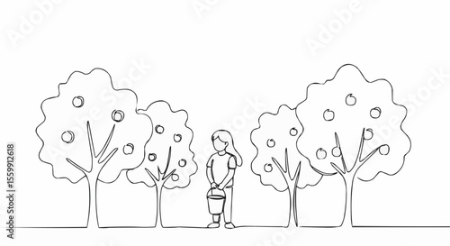 A drawing of a person stands beneath apple trees.