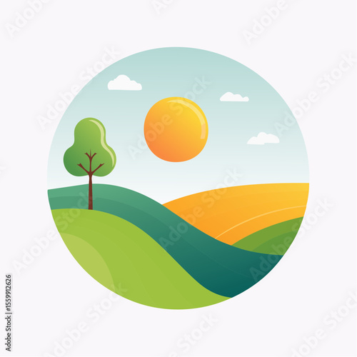 quiet landscape with hills, sun, and a lone tree, soft gradients