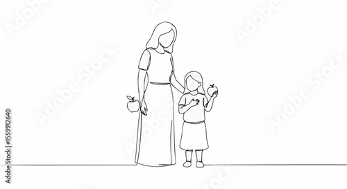 A mother and daughter hold an apple in a one-line drawing, symbolizing connection, care, and love.