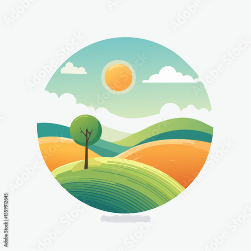 quiet landscape with hills, sun, and a lone tree, soft gradients