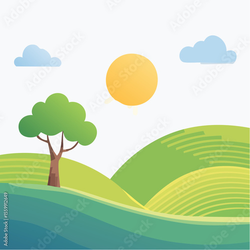 quiet landscape with hills, sun, and a lone tree, soft gradients
