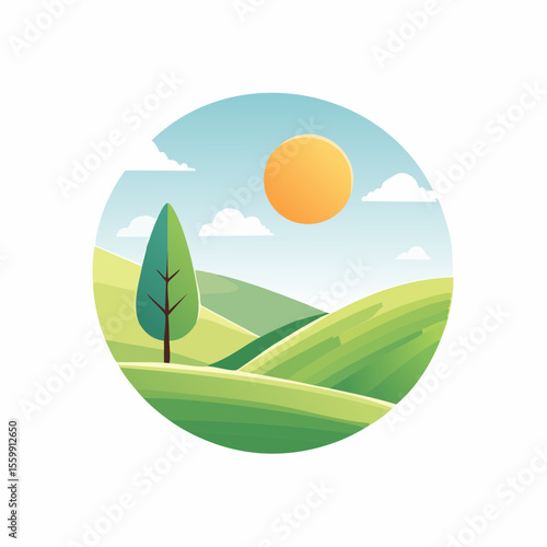 quiet landscape with hills, sun, and a lone tree, soft gradients