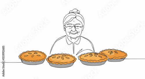 A kind elderly woman smiling with four tasty pies lined up in front of her. 