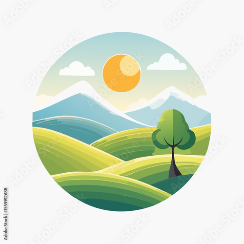 quiet landscape with hills, sun, and a lone tree, soft gradients