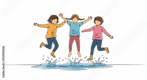 Kids playfully jumping over puddle of water in joyous moment.