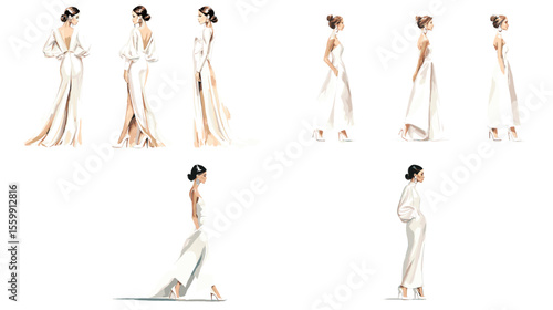 Minimal watercolor fashion sketches of elegant brides in sleek modern white wedding gowns, highlighting contemporary bridal styles and graceful silhouettes.

