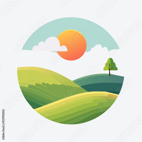 quiet landscape with hills, sun, and a lone tree, soft gradients