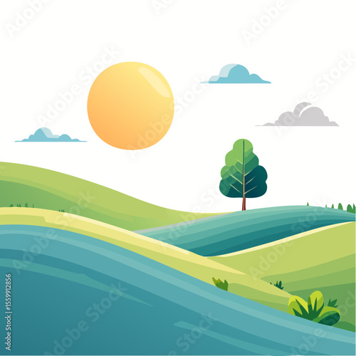 quiet landscape with hills, sun, and a lone tree, soft gradients