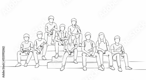 A group of sketched young people posing in line.
