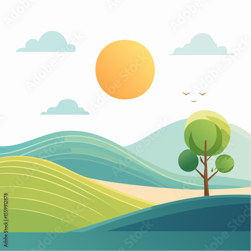 quiet landscape with hills, sun, and a lone tree, soft gradients