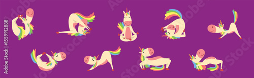 Funny Unicorn Character with Rainbow Tail Practicing Yoga Exercise Vector Set