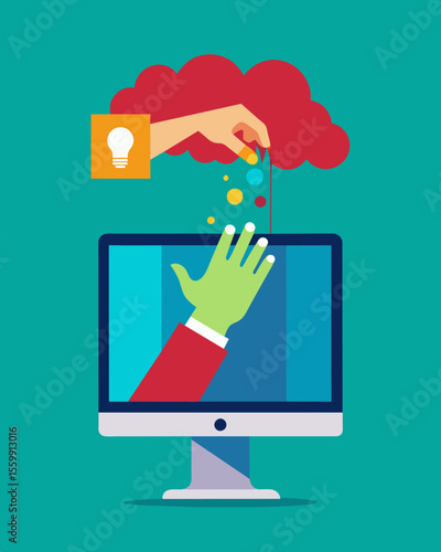 A hand reaching out from a computer screen attempting to grasp and manipulate the thoughts of the user.. Vector illustration