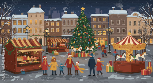 Festive Christmas scene in town with illuminated tree, market, and carousel, offering warmth and nostalgia.