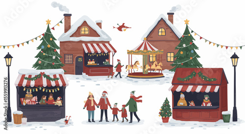Festive Christmas market scene with charming stalls, carousel, and people enjoying the winter atmosphere.