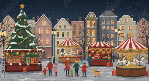 Festive Christmas scene with people shopping at a holiday market at night.