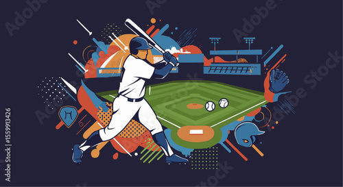 Baseball player hitting a ball in a stylized illustration. 