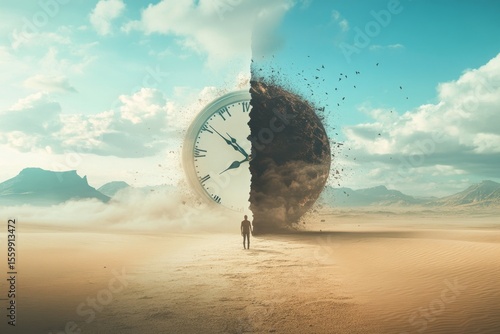 An image of time being split in half, with one side showing a desert and the other a person walking on it, symbolizing moving forward after cloudy days