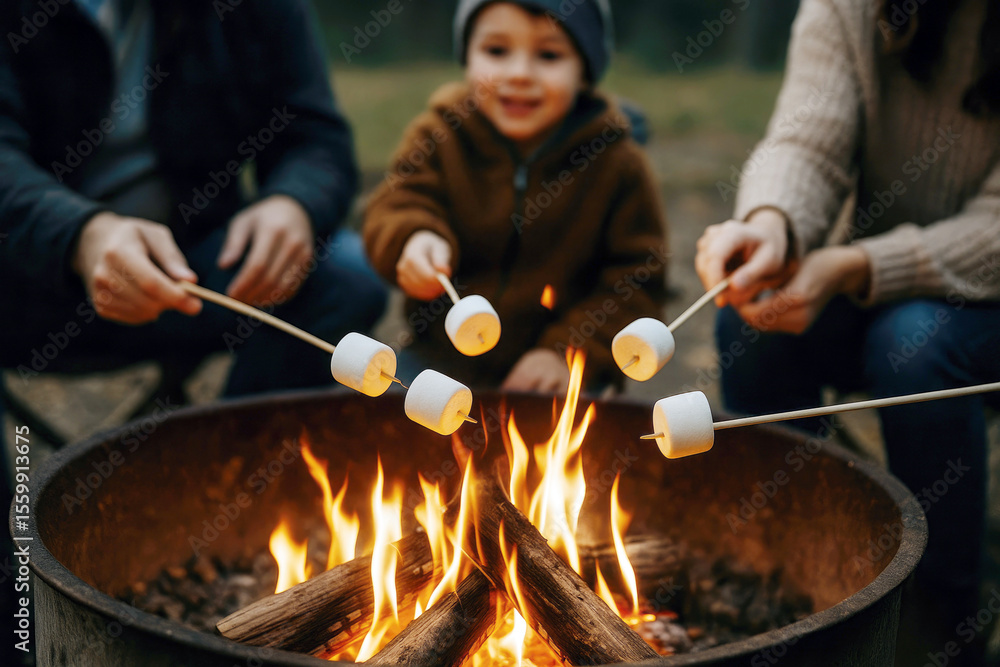 Fototapeta premium White Marshmallows Roasting Over Bright Campfire Flames fire pit