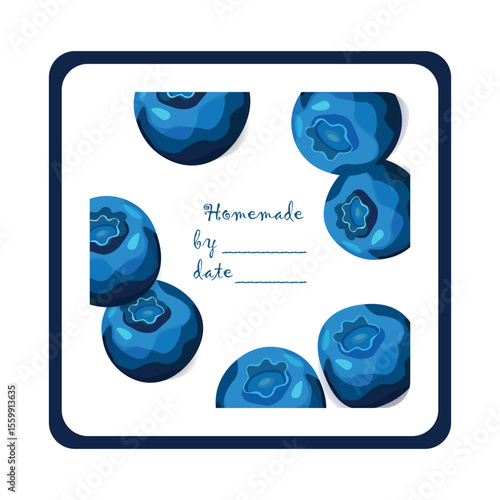 Template jam label design. Retro homemade label. Blueberry marmalade dessert product. Doodle vector illustration.