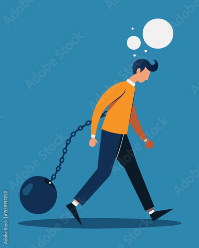 A person walking with a chain around their head dragging behind them like a ball and chain representing the burden and weight that mental struggles can carry.. Vector illustration