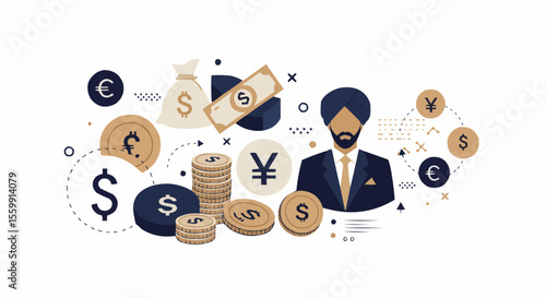 Diverse currencies and an illustration of a businessman. 