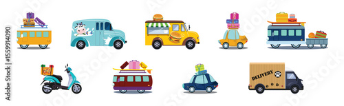 Different Urban Vehicles and City Transport on Road Side View Vector Set