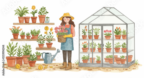 A gardener standing inside a greenhouse surrounded by various plants.