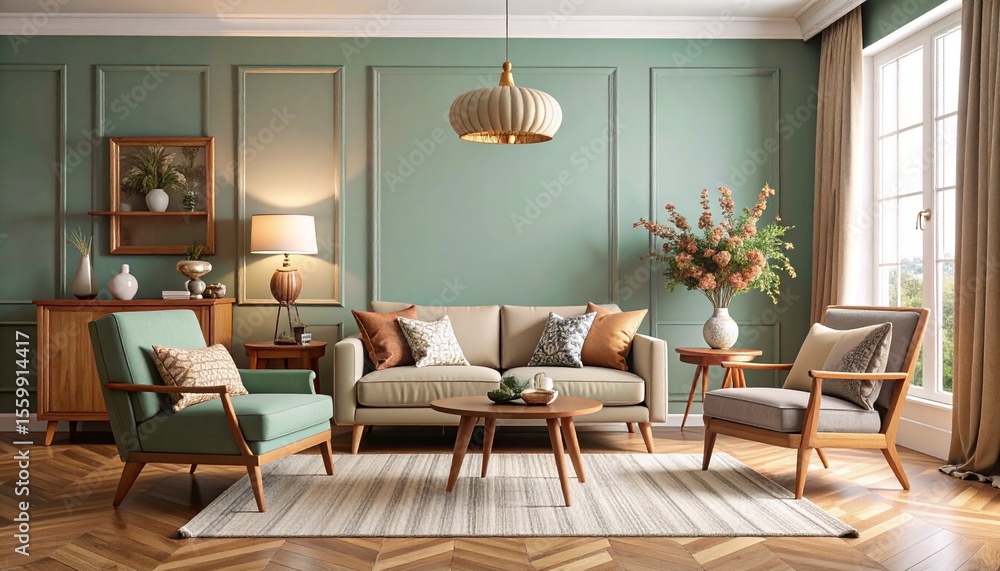 Fototapeta premium Retro-inspired living room featuring a couch and chair displayed with elegant decor style