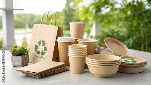 Eco friendly disposable paper tableware and shopping bag with recycling symbol