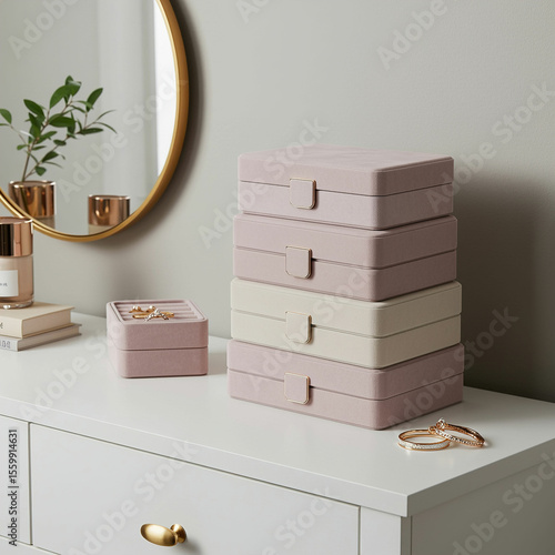 Stack of pastel jewelry boxes on a white dresser with a mirror and accessories nearby decoratively