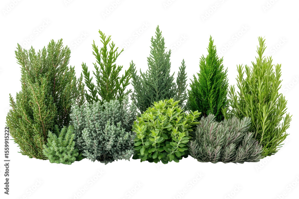 Fototapeta premium Evergreen shrubbery showcase on black green plant variety beautiful foliage landscaping gardening