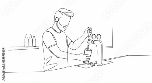 Line drawing of a bartender pouring a refreshing drink behind the bar.