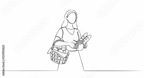 A woman happily prepares for a picnic with a basket filled with groceries.