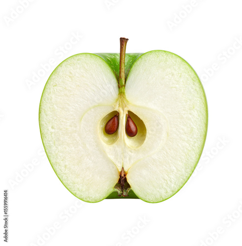Half green apple showing pips and stem on transparent background