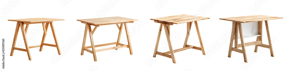 Wooden Sawhorse Table Collection Isolated on White Wooden Sawhorse Table Collection Isolated on White