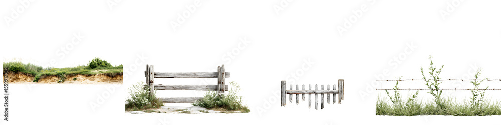 Obraz premium Watercolor Collection of Landscape Elements: Grass, Fence, Bushes, and Ground