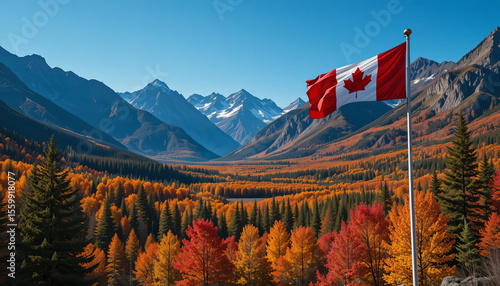 Fototapeta Naklejka Na Ścianę i Meble -  Majestic Canadian Landscape with Maple Leaf Flag and Fall Foliage in the Rockies