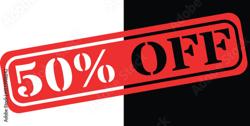 Bold red stamp announcing fifty percent off sale