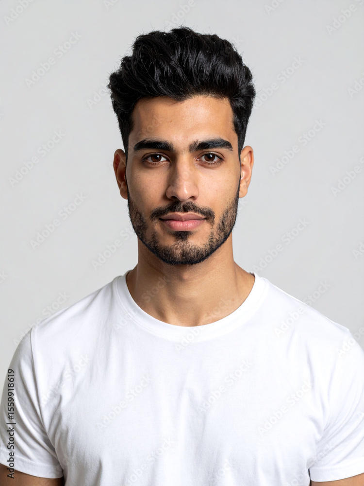 Obraz premium Candid Professional Headshot of a Young Man in a White T-Shirt – Authentic and Confident Expression for Modern Personal Branding