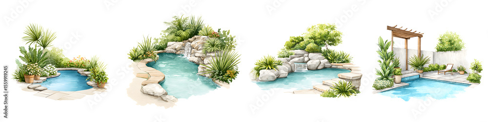 Fototapeta premium Watercolor Garden Pools and Waterfalls on White Background