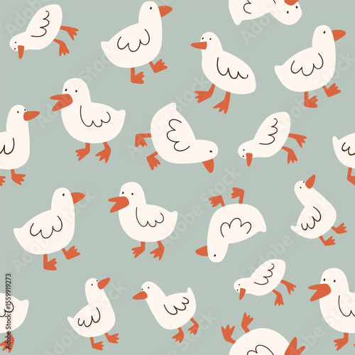 White goose on light green background. Animal seamless pattern. Vector simple print. Funny childish bird design for kids wallpaper, fabric or wrapping paper. Cute animal texture.