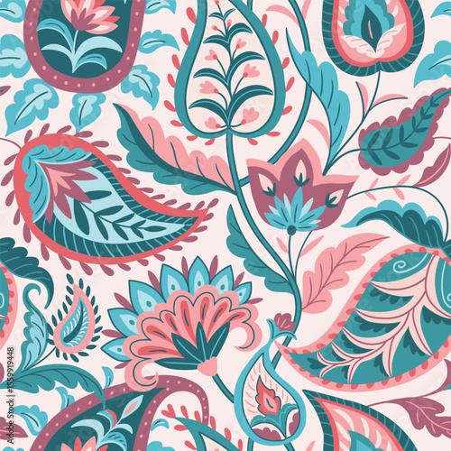 Vector seamless traditional Indian paisley pattern on pink background. Digital textile design Beautiful ethnic style colorful seamless floral hand drawn seamless pattern